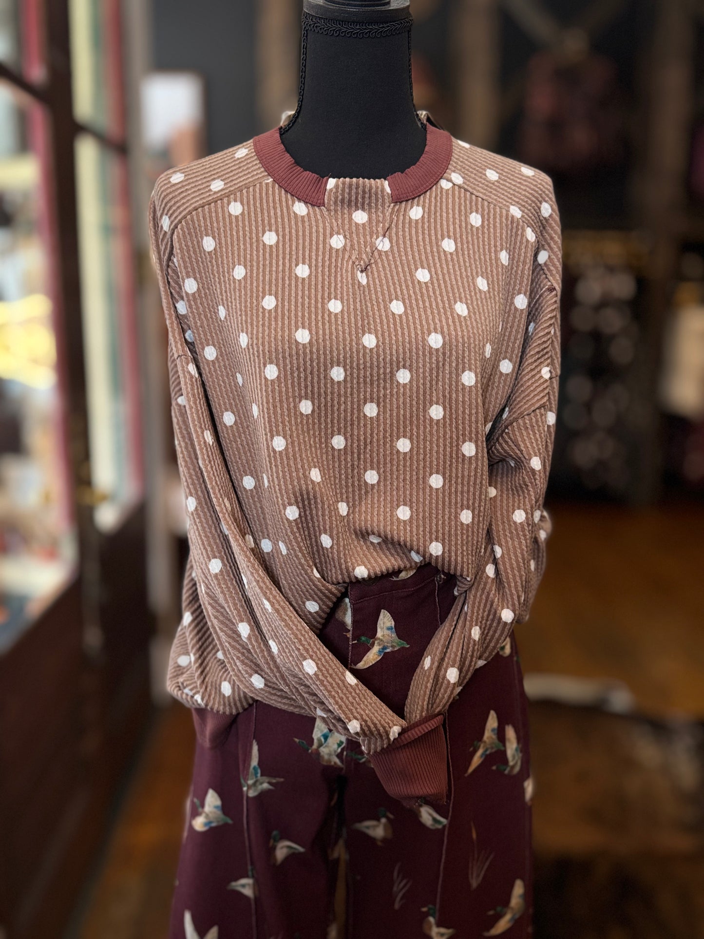 Mahogany Muse – Brown Polka Dot Rib Top