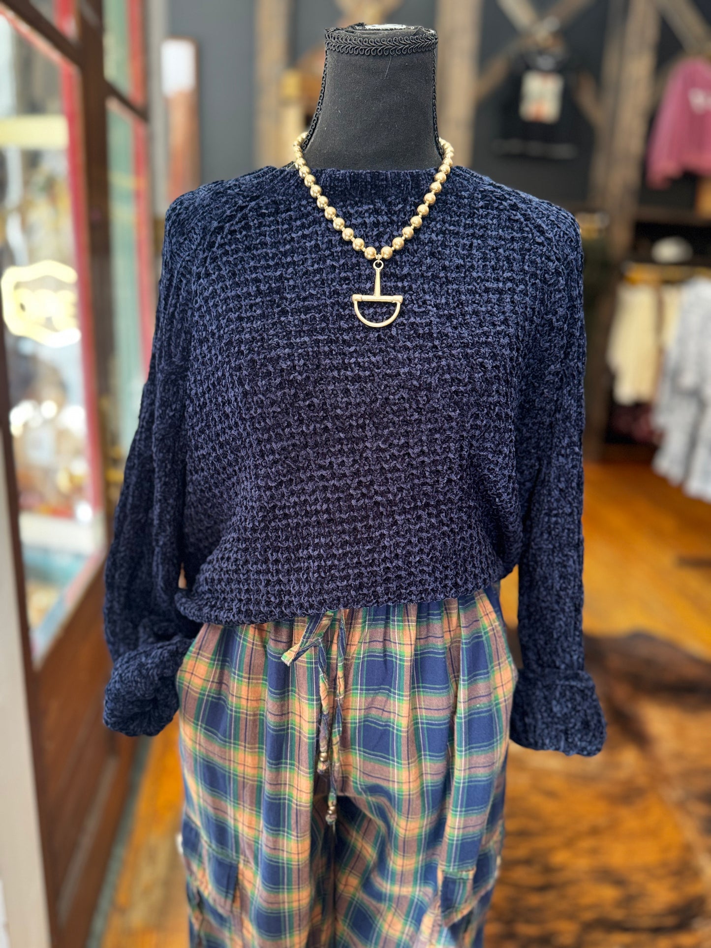 Blue Ridge Cozy – Navy Chenille Sweater