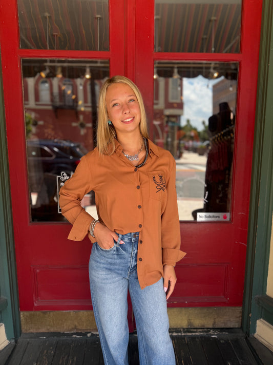 The Grand Entry – Camel Button Down Top