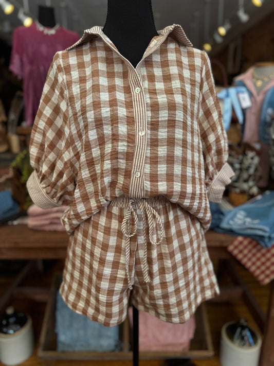 Cottage Plaid – Camel Short Set