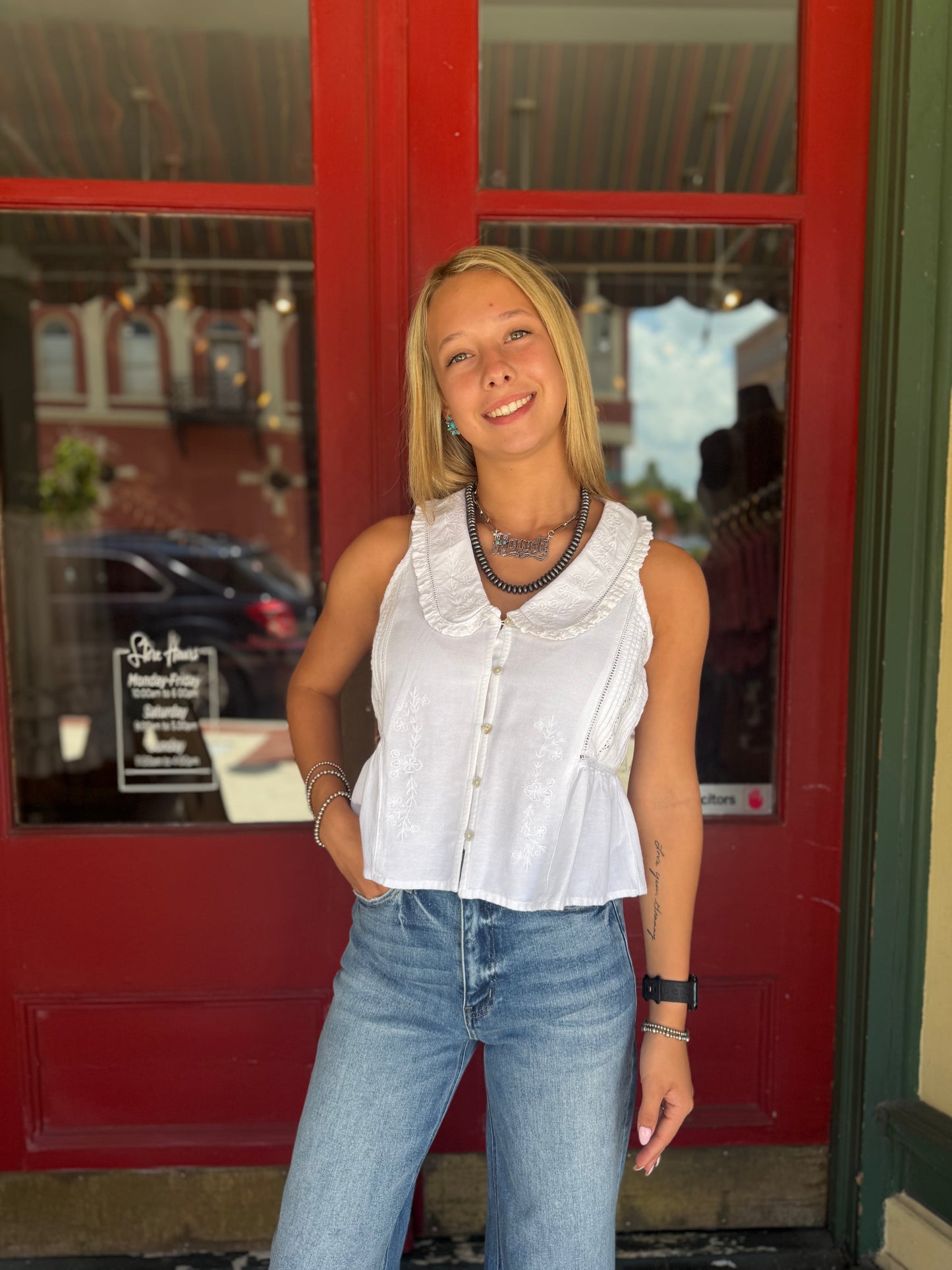 Country Keepsake – White Embroidered Tank