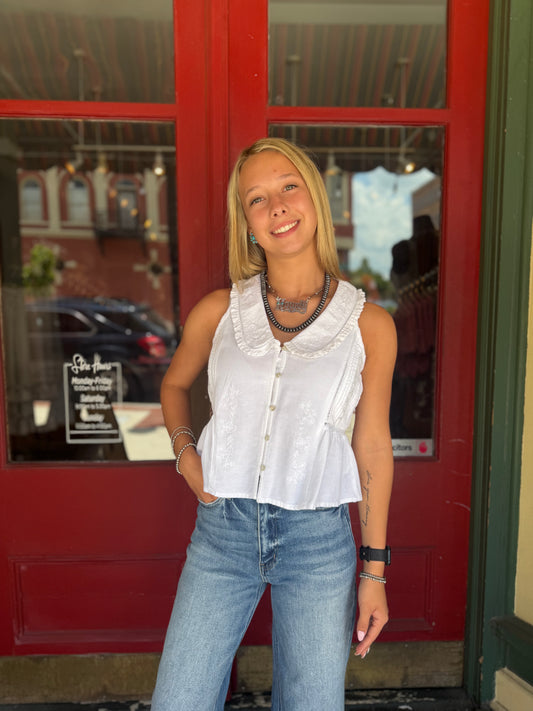 Country Keepsake – White Embroidered Tank