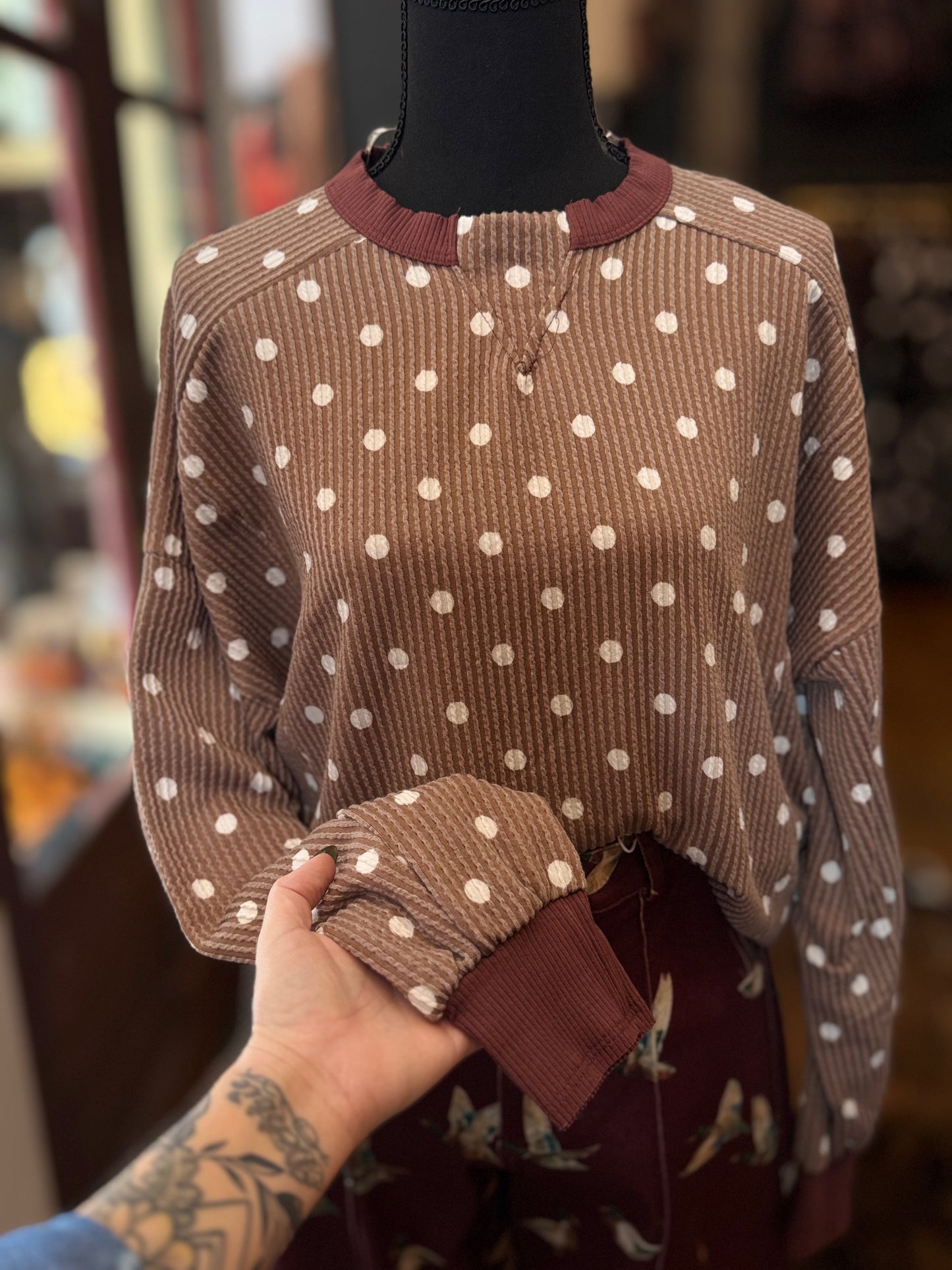 Mahogany Muse – Brown Polka Dot Rib Top