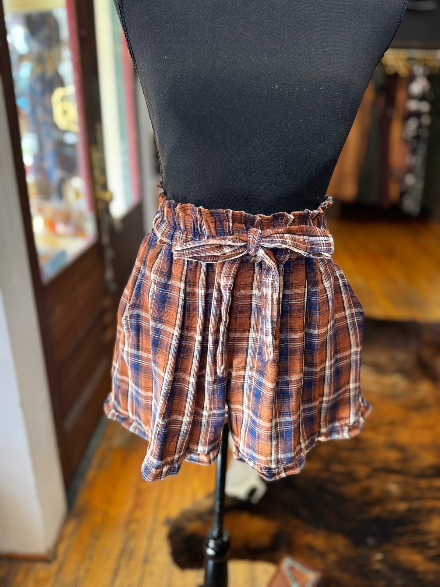 Rustin’ in the Rain – Rust, Navy & White Plaid Shorts