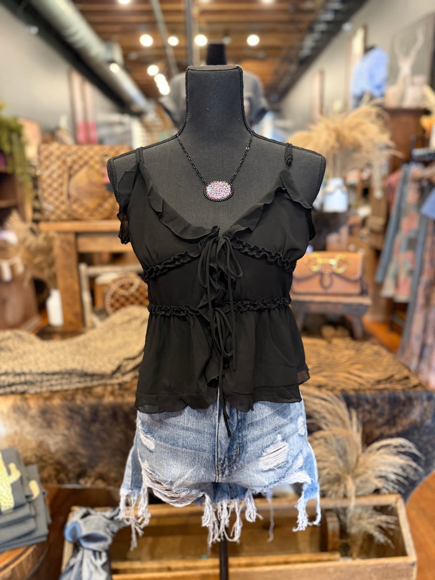 Midnight Tie – Black Ruffle Tank