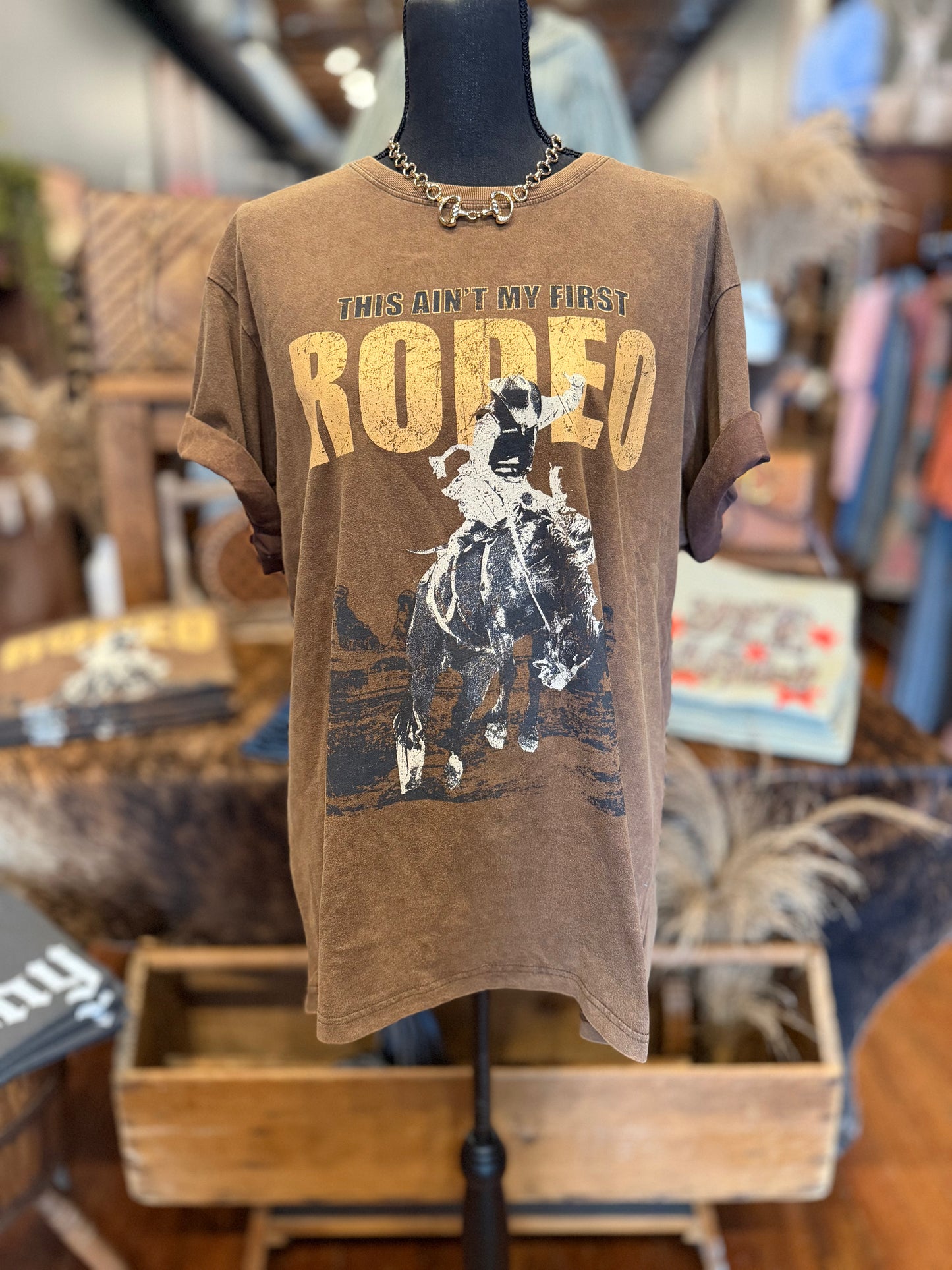 This Ain't My First Rodeo – Brown Acid Wash Oversized Tee