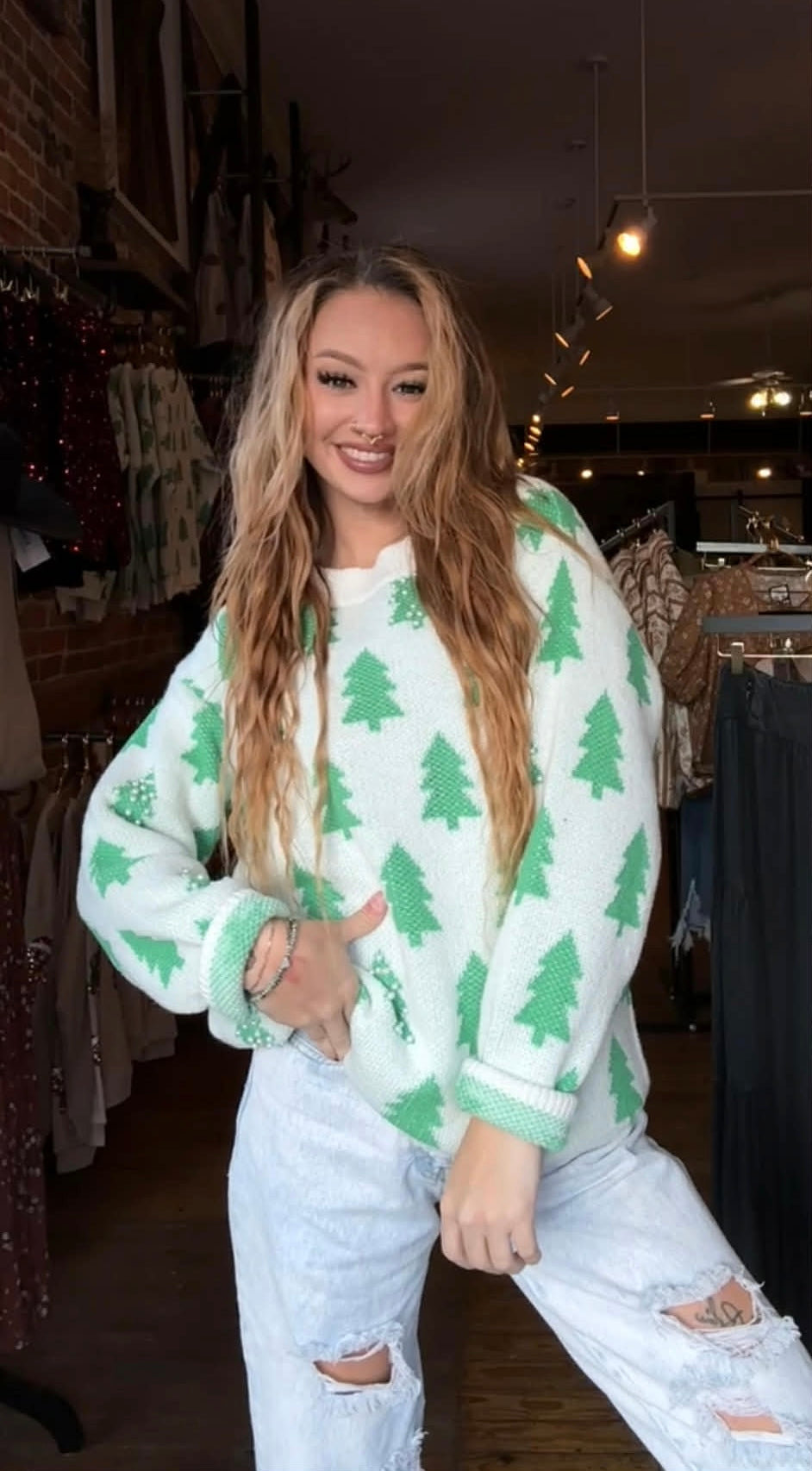 Pearl Pines - Ivory & Green Christmas Sweater