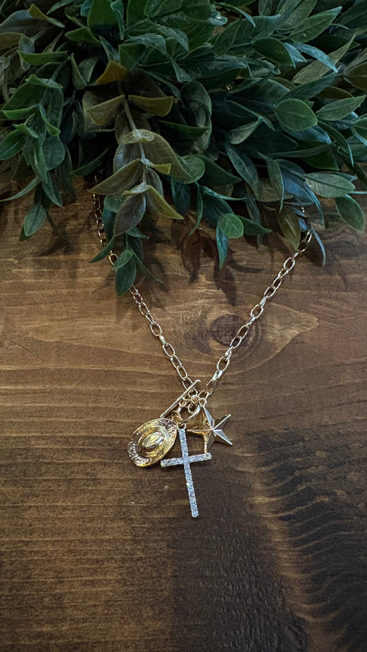 Western Cross Cluster-Gold Necklace