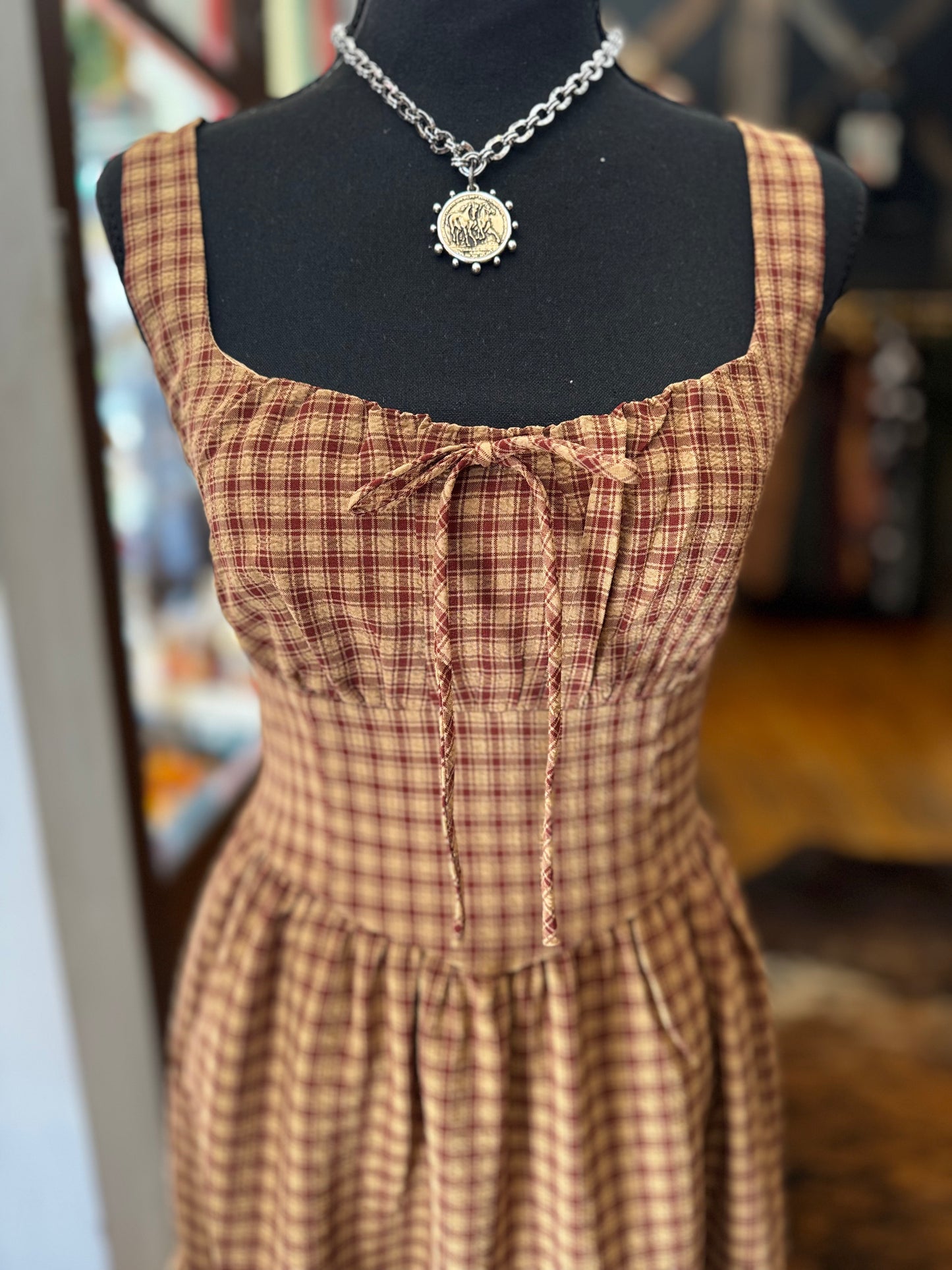 Primitive Charm – Camel/Red Midi Dress