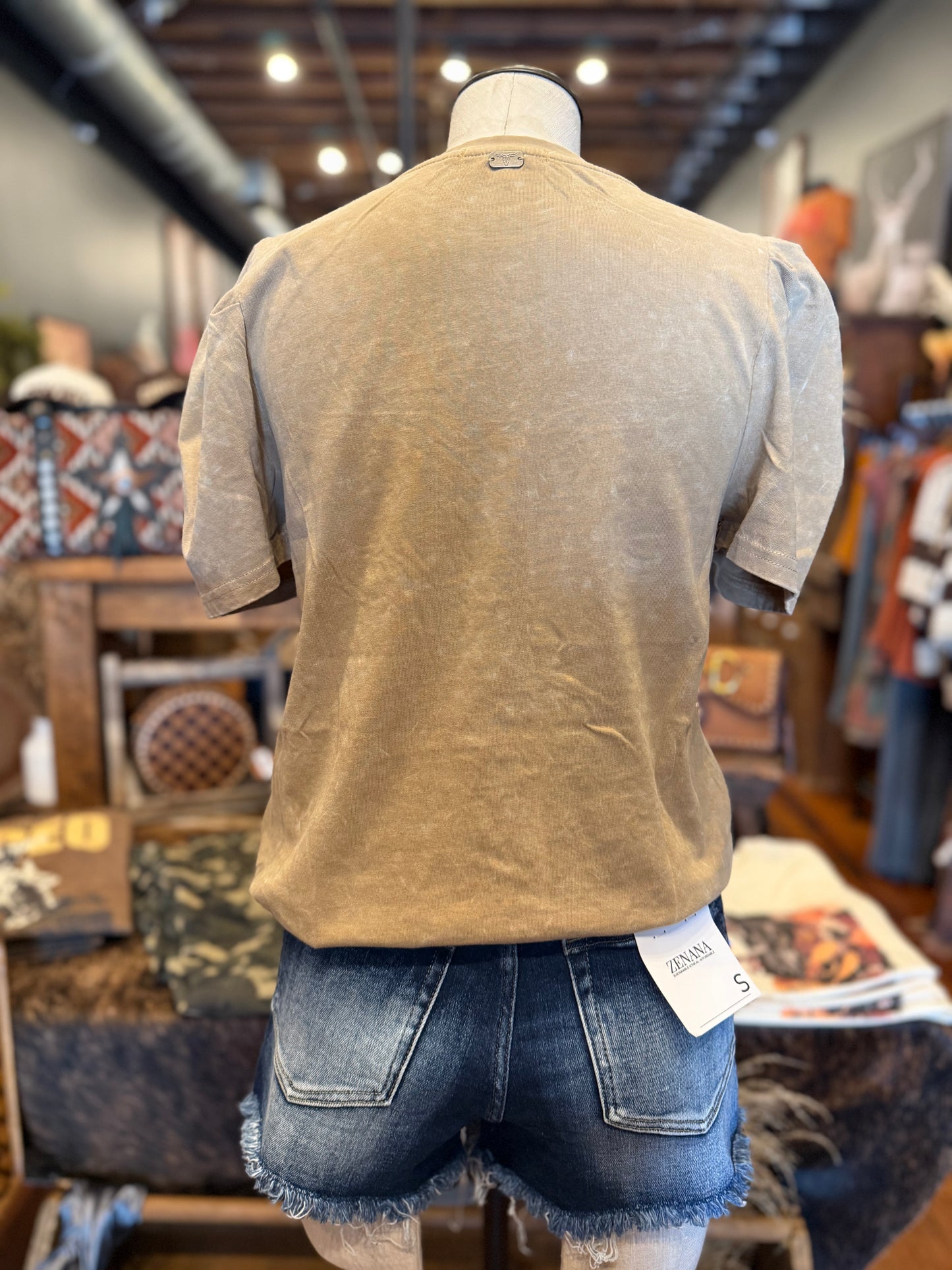 Branded Soul – Tan Acid Wash Embroidered Top
