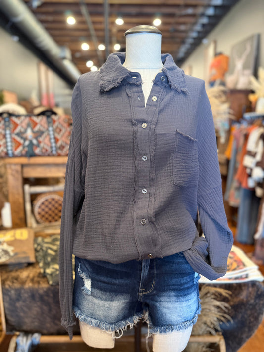 Free Flow – Ash Grey Double Gauze Button Up