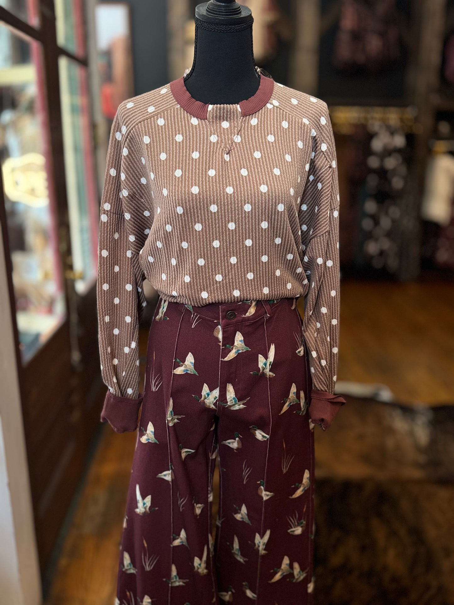 Mahogany Muse – Brown Polka Dot Rib Top