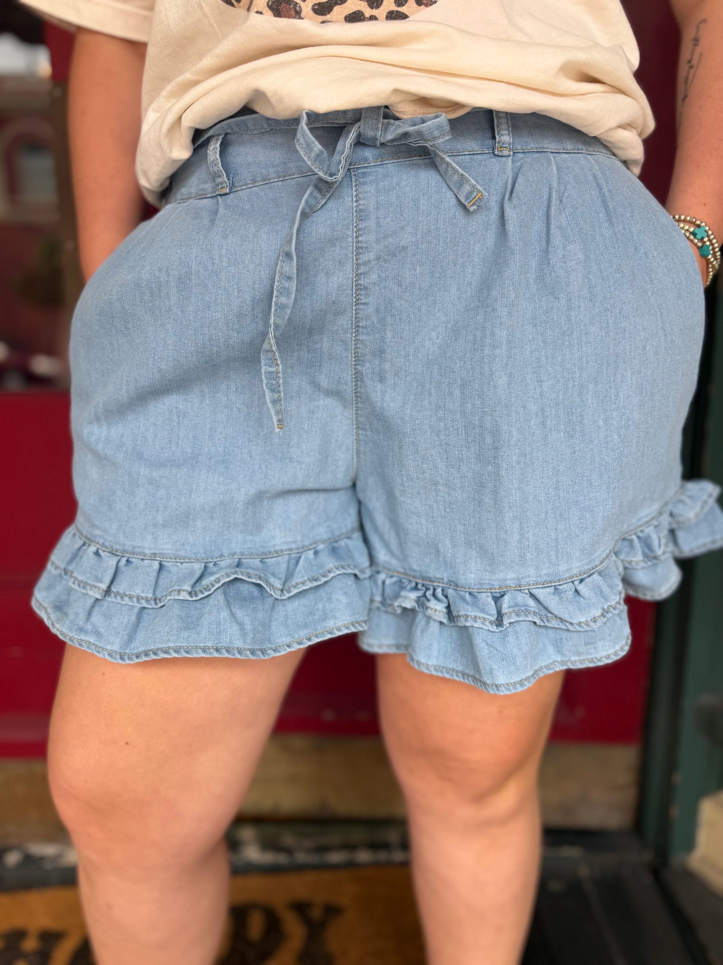Chambray Charm – Ruffle Denim Shorts