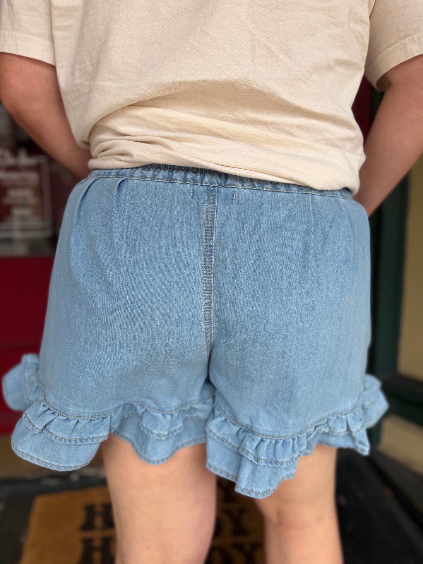 Chambray Charm – Ruffle Denim Shorts