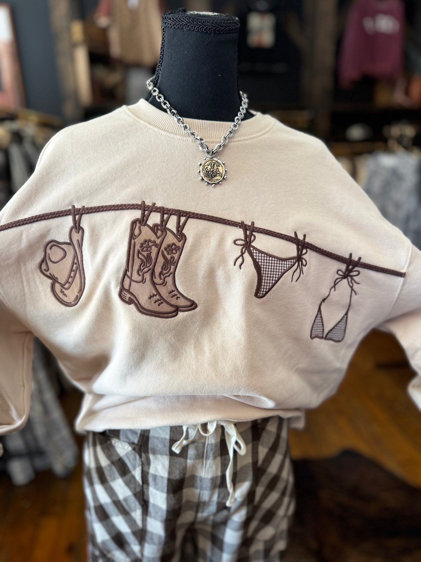 Worn on the Line – Embroidered Graphic Crewneck