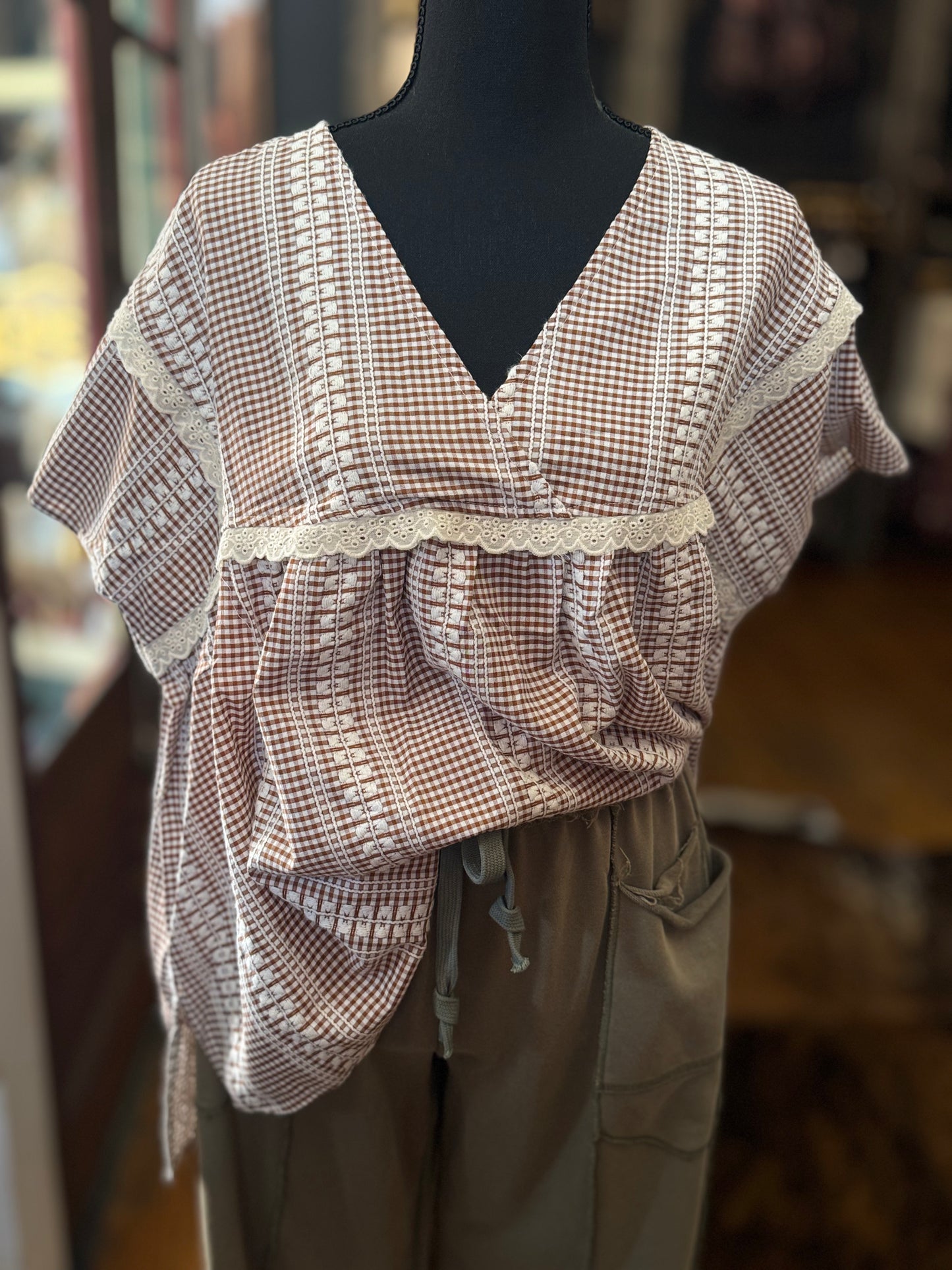 Chestnut Charm – Mocha Gingham Babydoll Top
