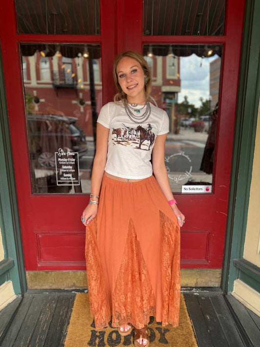 Spiced Lace – Rust Midi Skirt