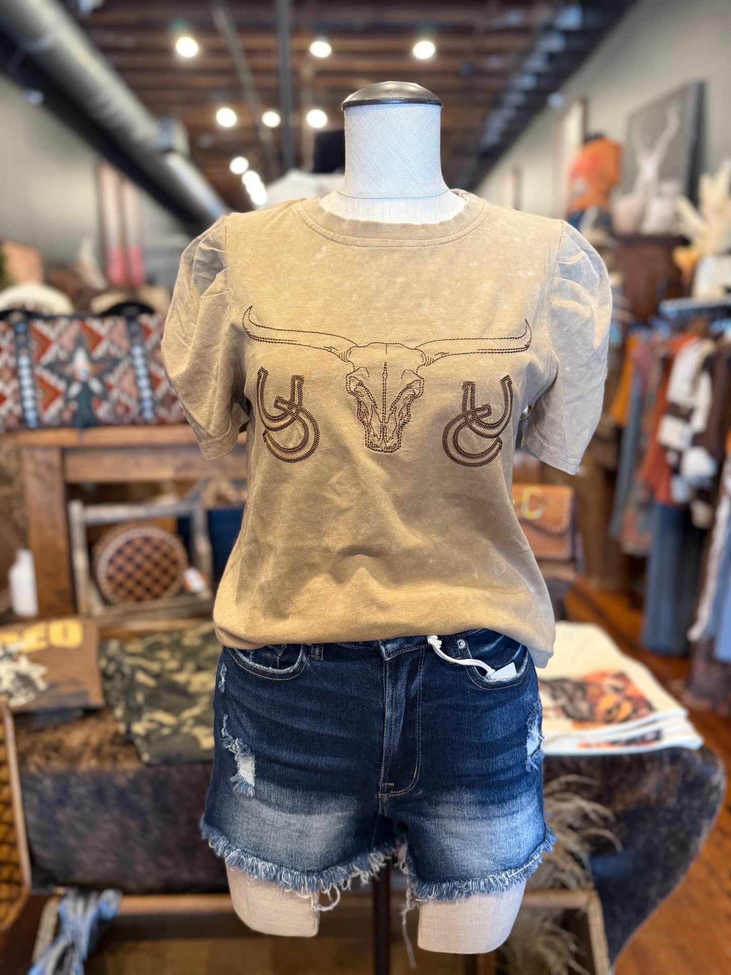 Branded Soul – Tan Acid Wash Embroidered Top