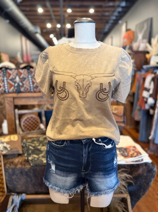 Branded Soul – Tan Acid Wash Embroidered Top