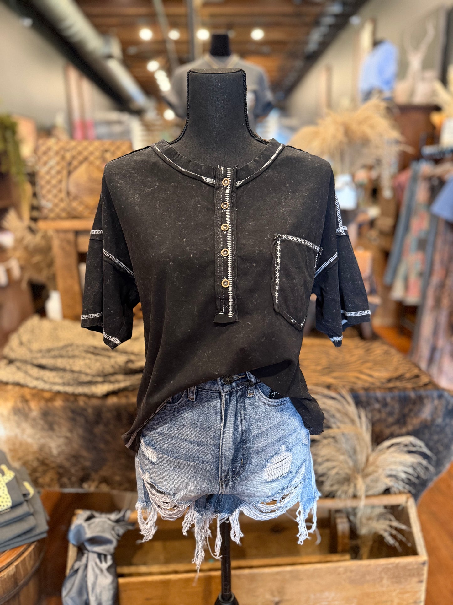 Night Coastline - Black Acid Wash Top
