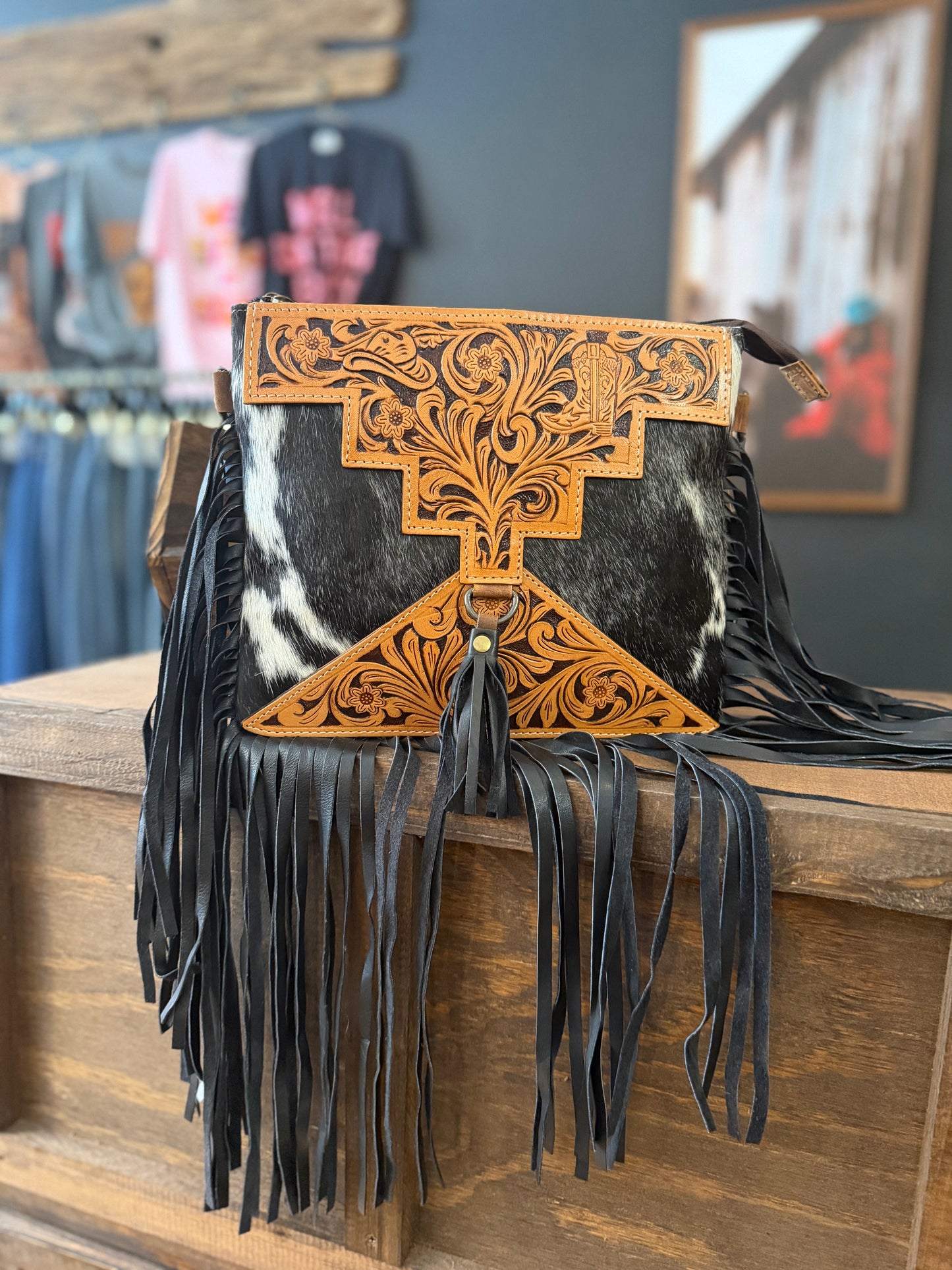 Midnight Rodeo – Tooled Leather & Cowhide Fringe Crossbody Bag