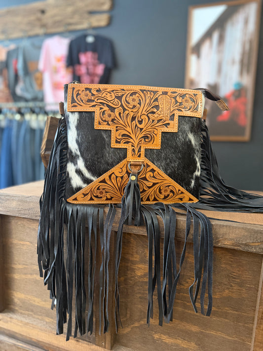 Midnight Rodeo – Tooled Leather & Cowhide Fringe Crossbody Bag