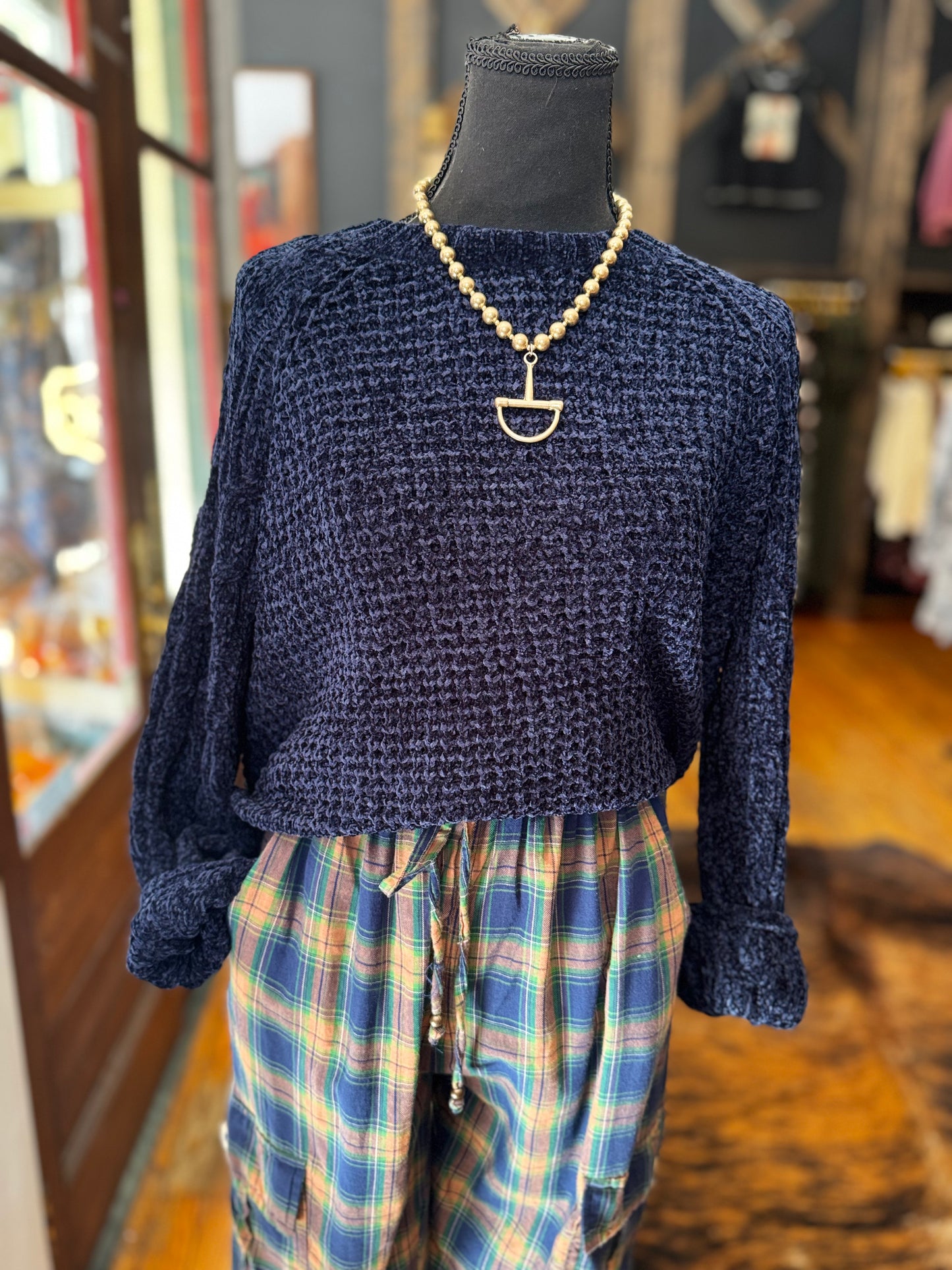 Blue Ridge Cozy – Navy Chenille Sweater