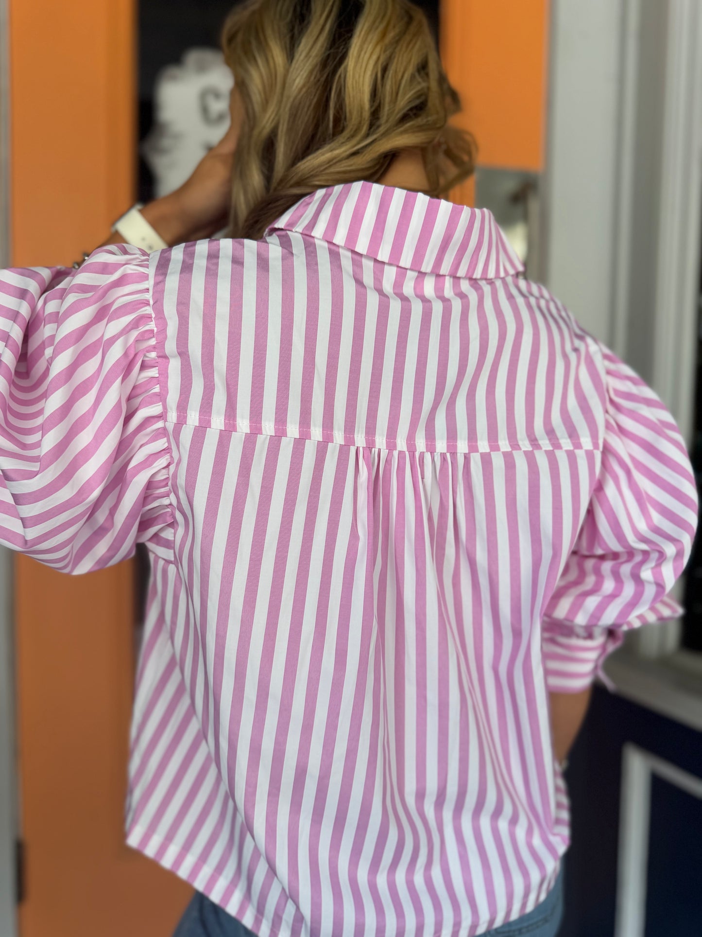 Pretty in Pink – Stripe Puff Sleeve Blouse