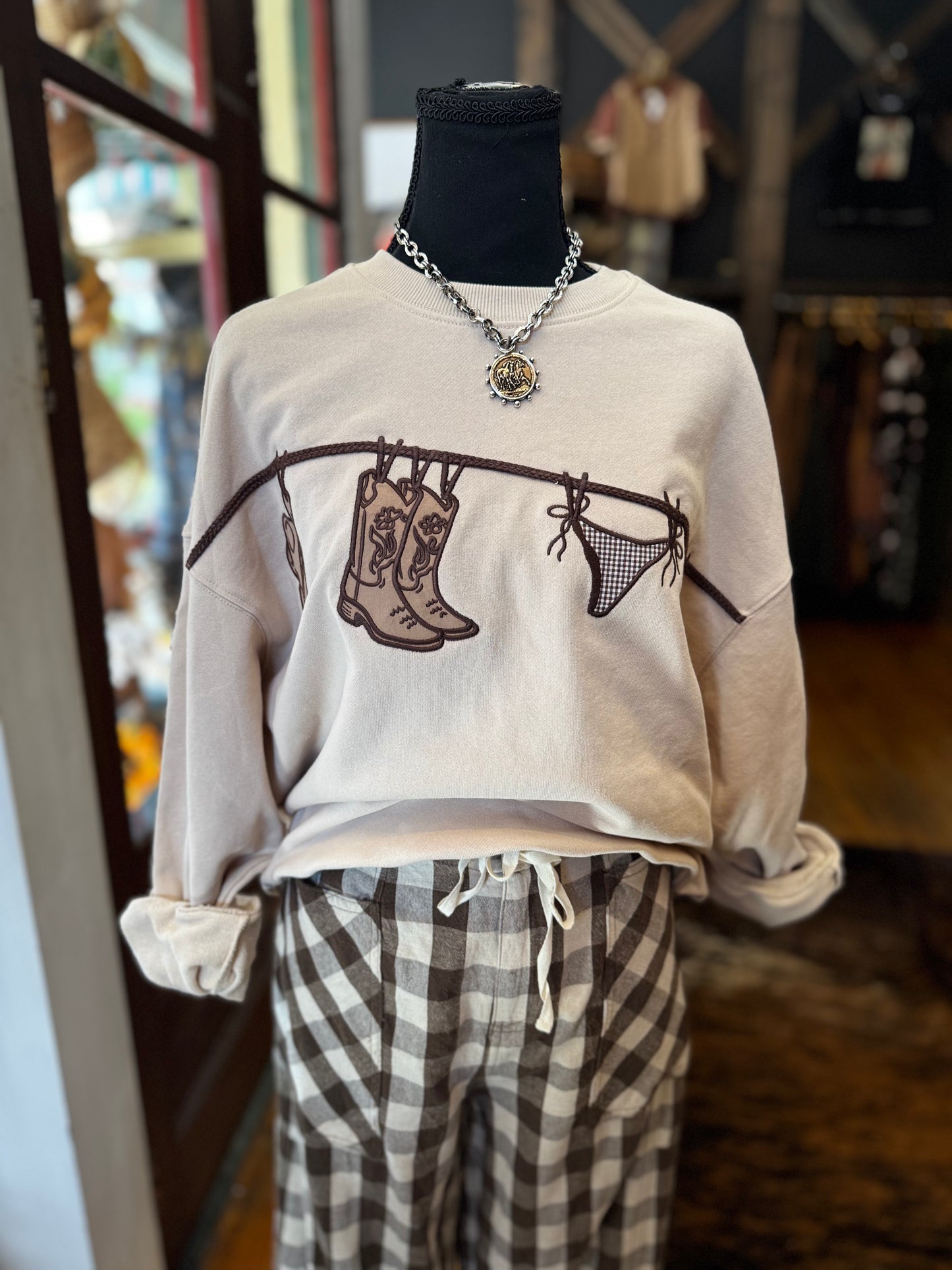 Worn on the Line – Embroidered Graphic Crewneck