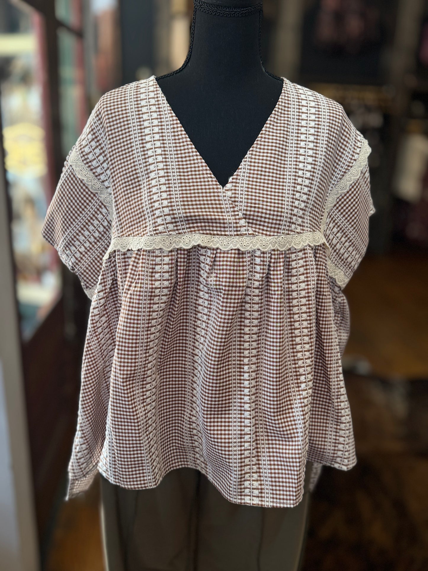 Chestnut Charm – Mocha Gingham Babydoll Top