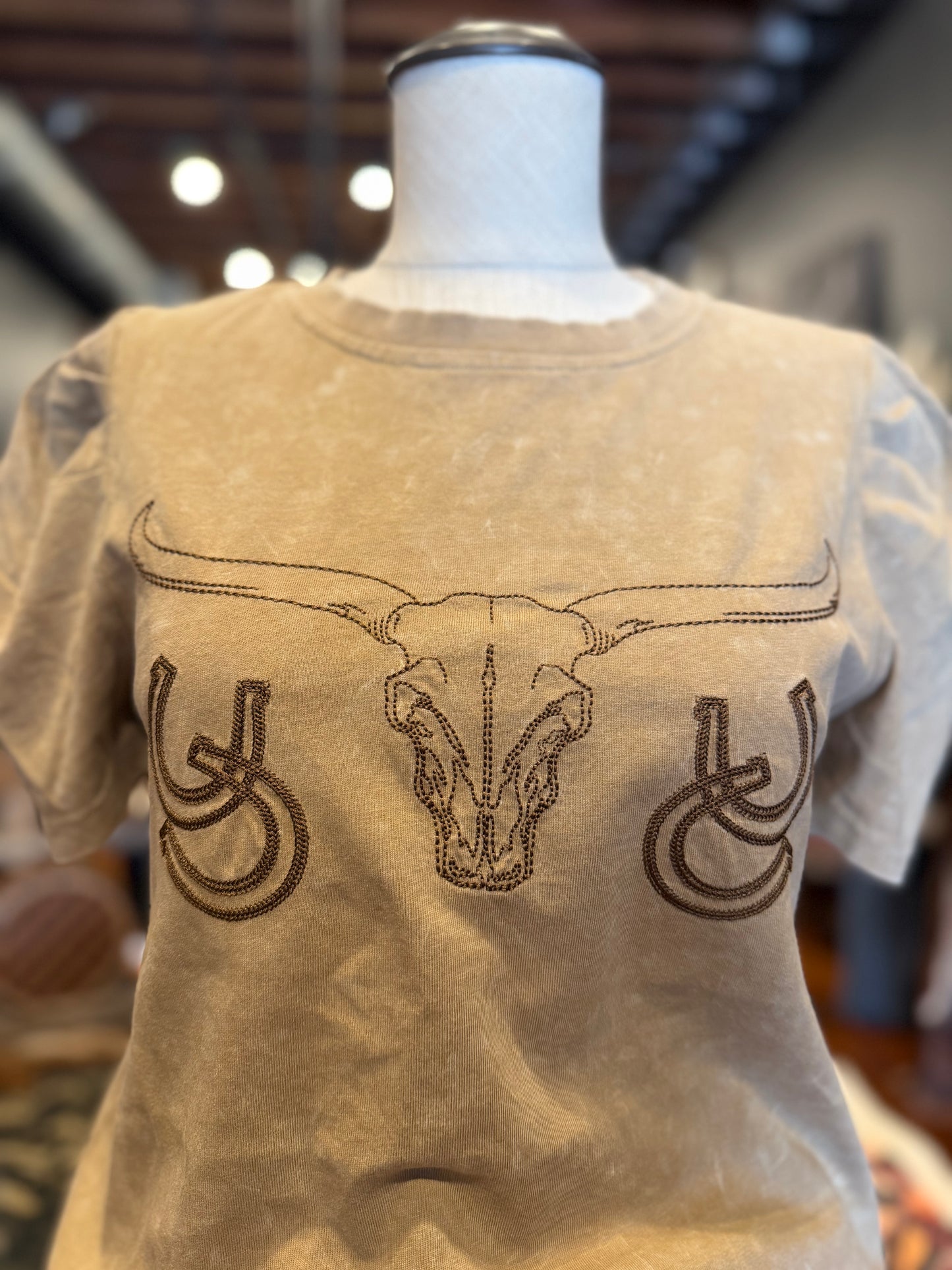 Branded Soul – Tan Acid Wash Embroidered Top