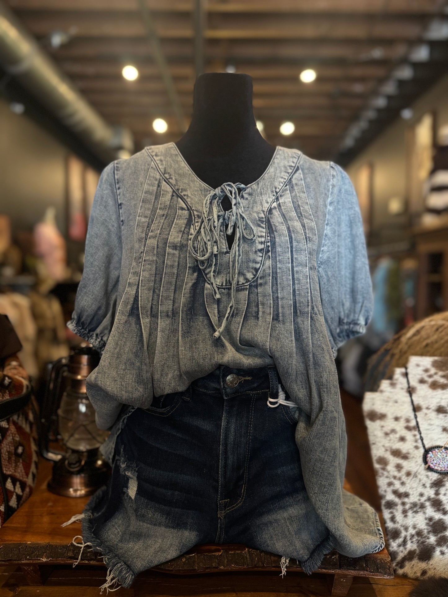 Faded Skies – Denim Puff Sleeve Blouse