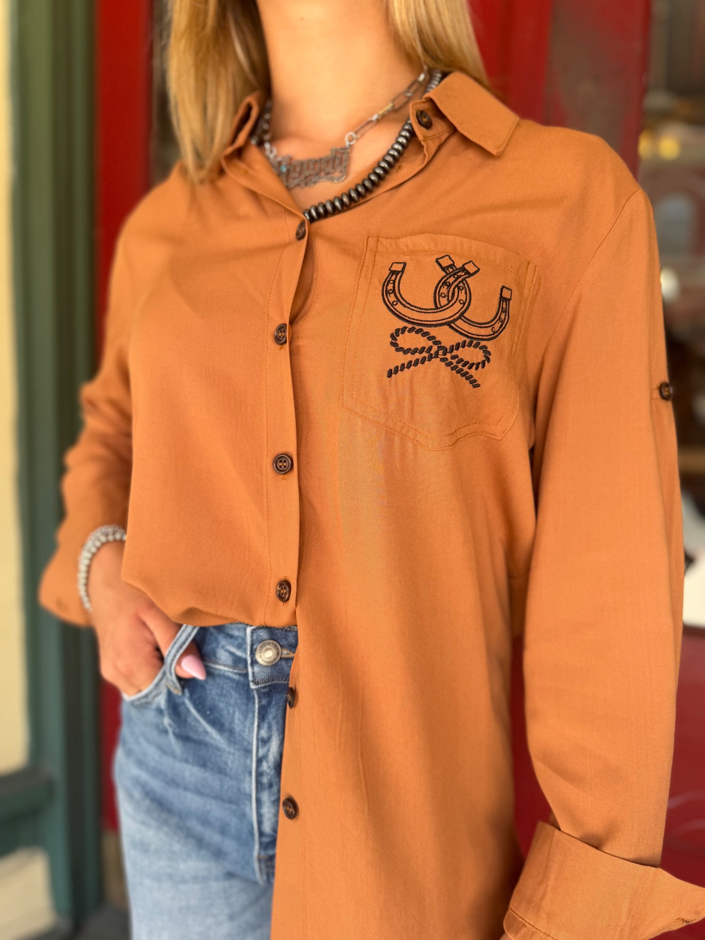 The Grand Entry – Camel Button Down Top