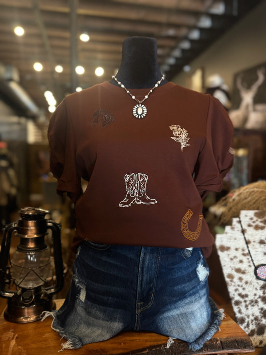 Badlands Beauty – Brown Puff Sleeve Embroidered Top