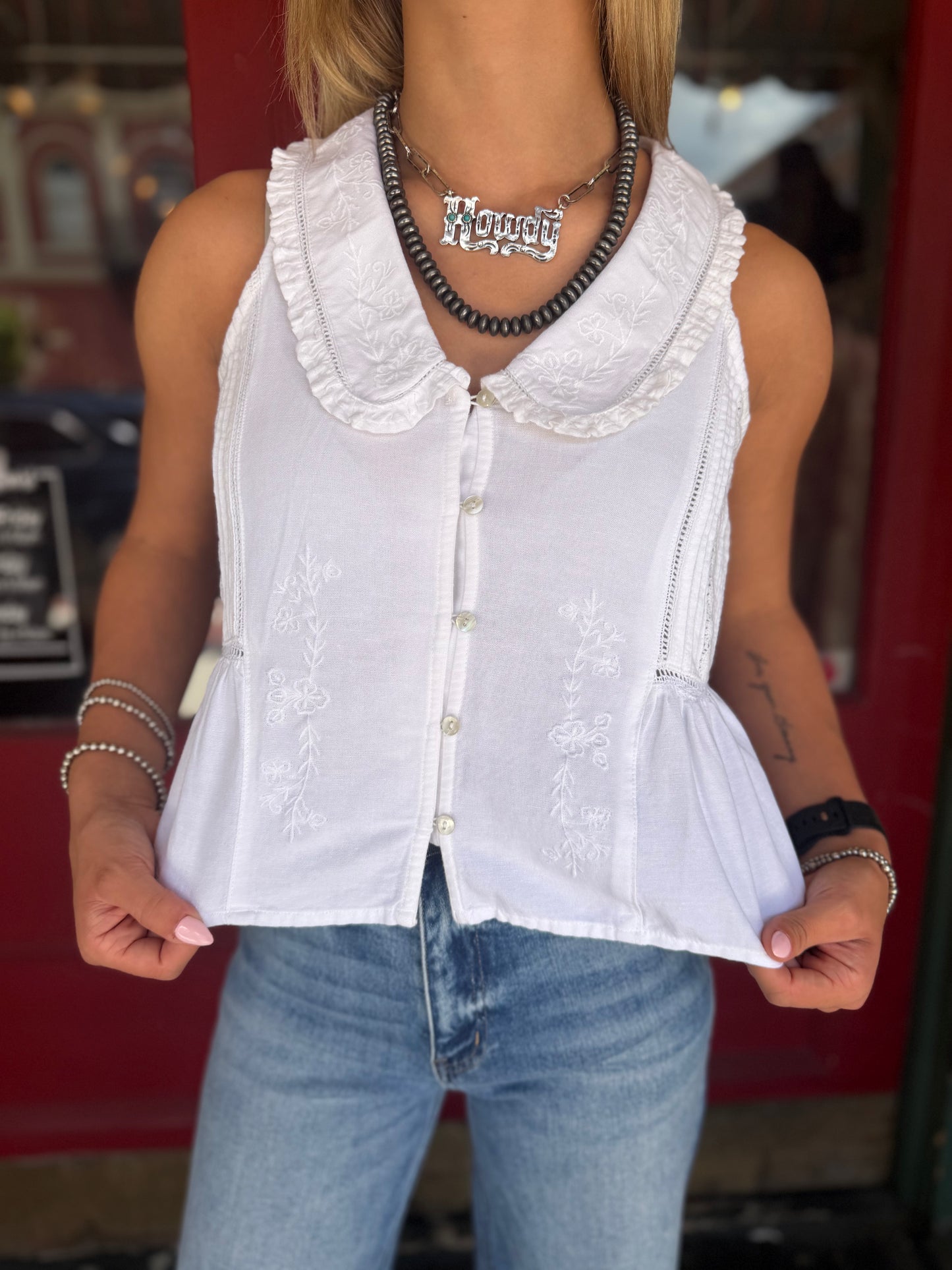 Country Keepsake – White Embroidered Tank
