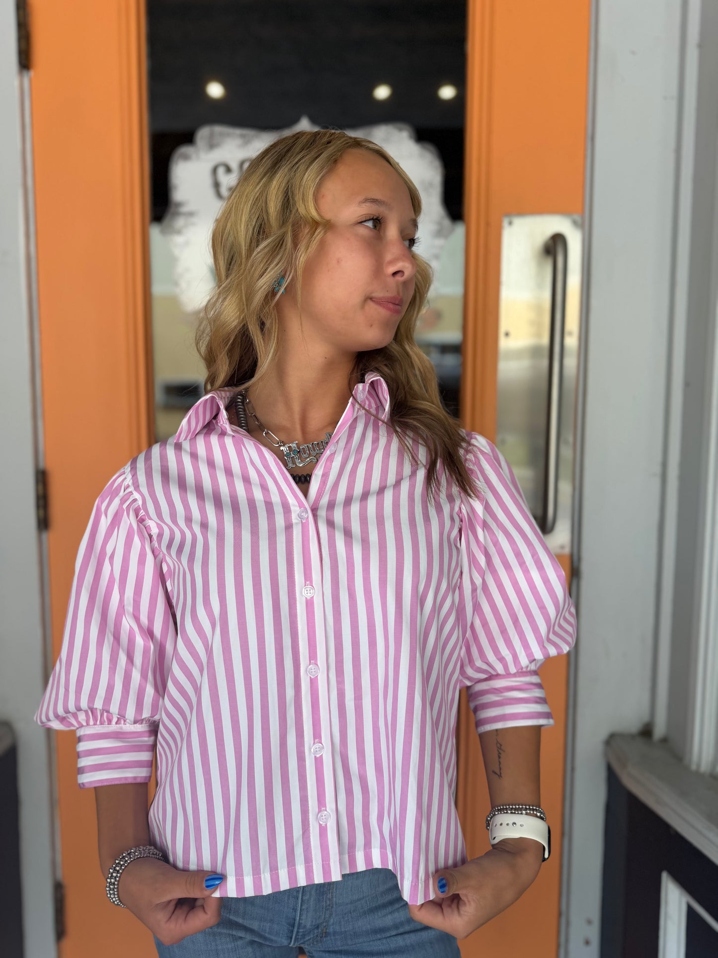 Pretty in Pink – Stripe Puff Sleeve Blouse
