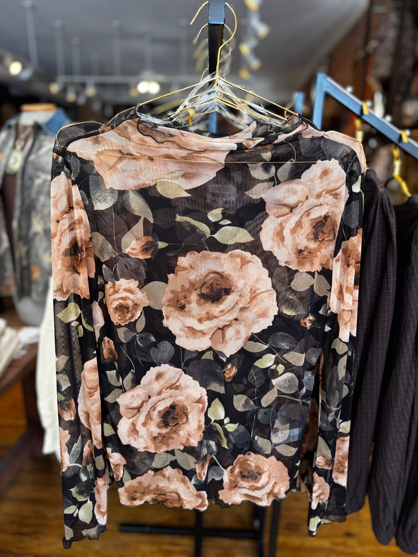 Timeless Bloom – Black Floral Mesh Top