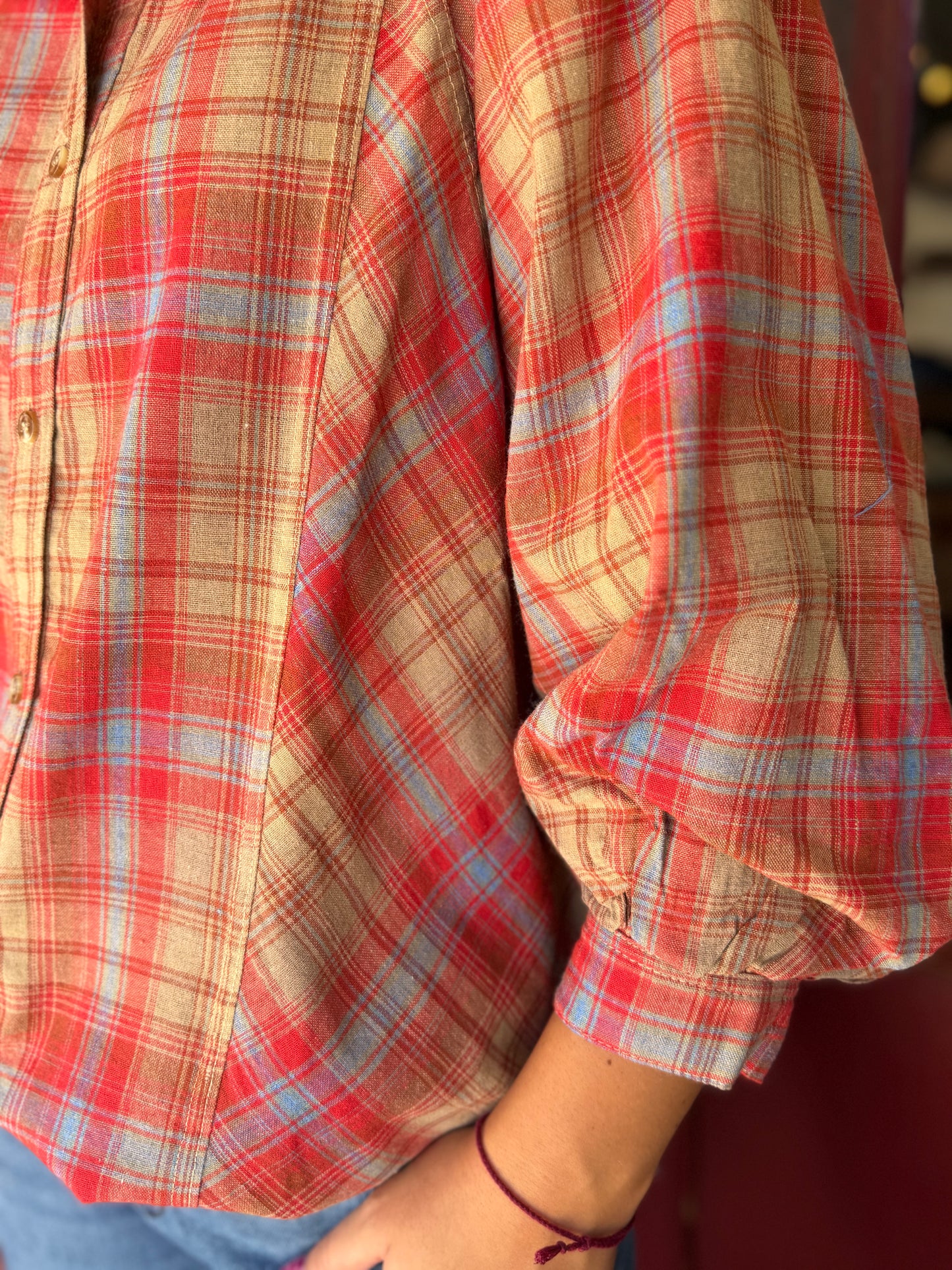 Harvest Trails – Plaid Bubble Sleeve Blouse