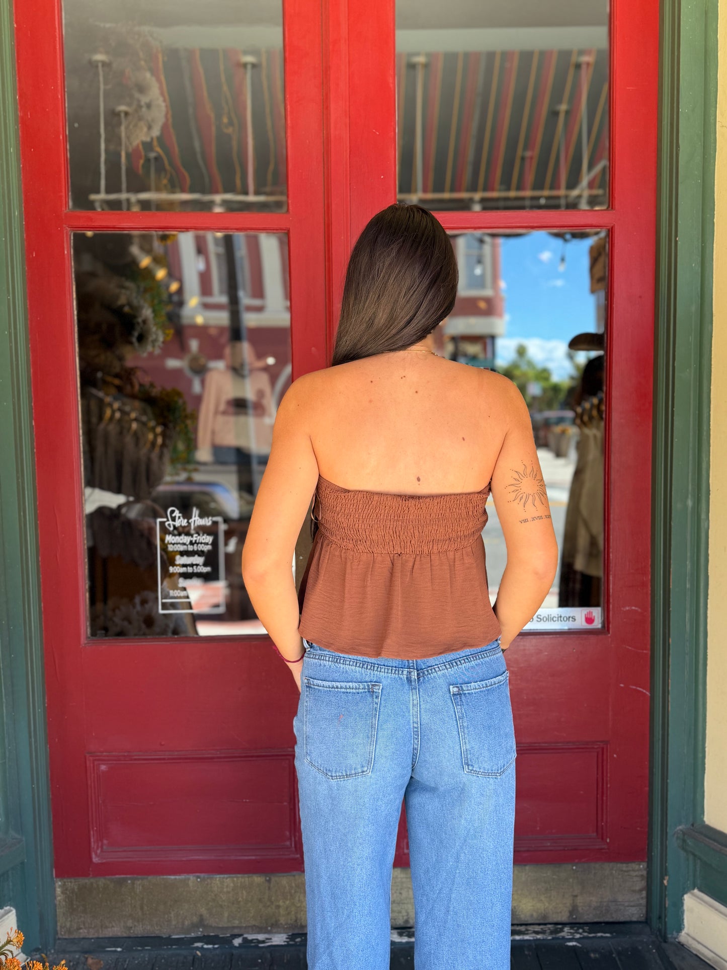 Cowgirl Crush – Brown Strapless Babydoll Top