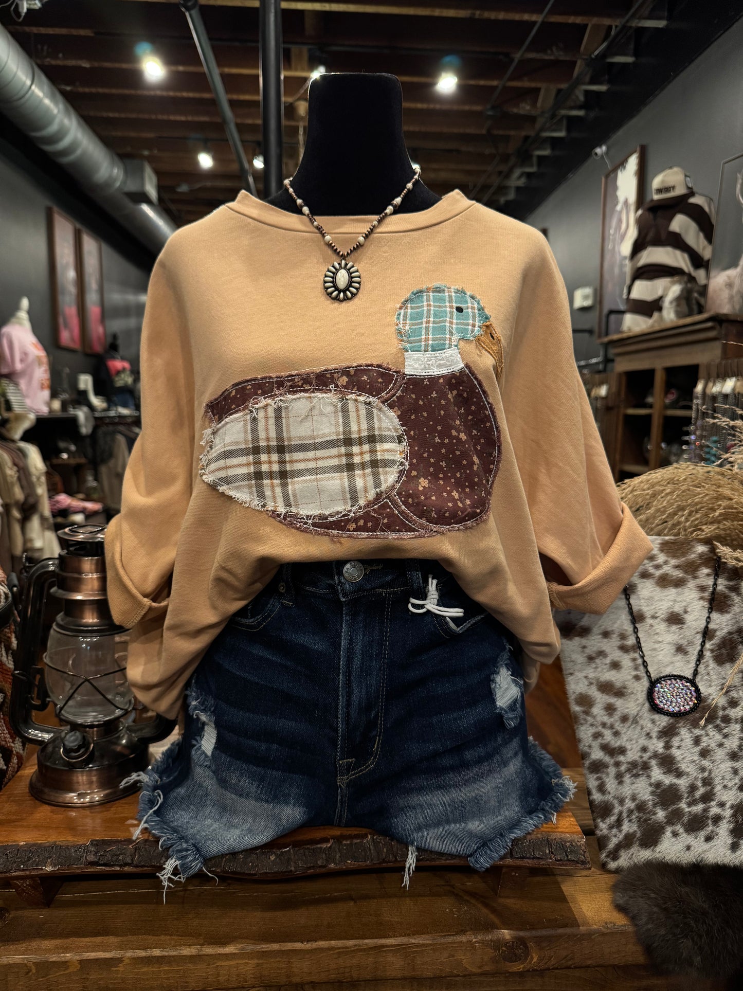 The Mallard Social – Tan Patchwork Knit Top