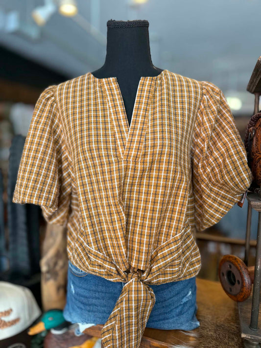 Rustic Honey – Camel Plaid Top