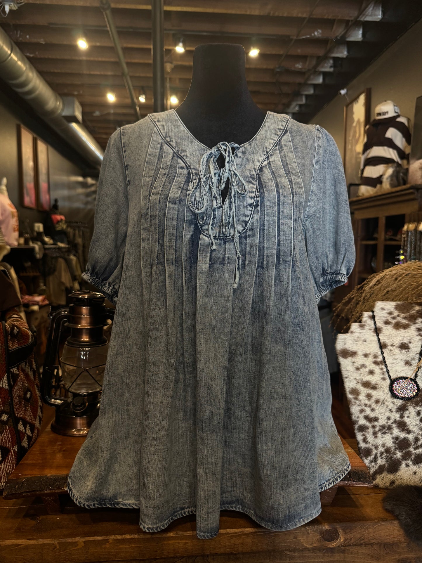 Faded Skies – Denim Puff Sleeve Blouse
