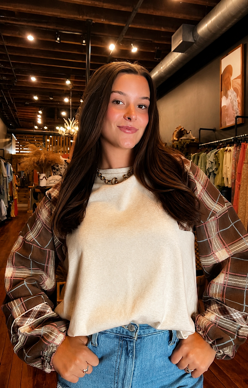 Autumn Layers – Oatmeal Plaid Sleeve Top
