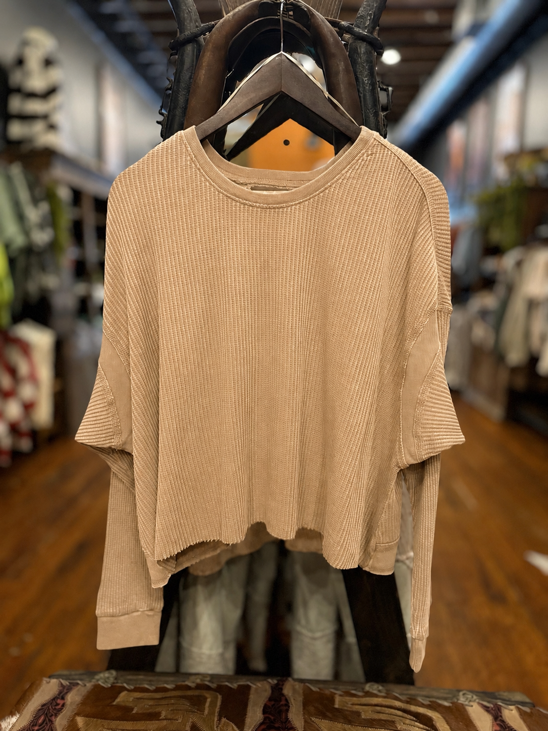 Laid Back Trails – Taupe Waffle Knit Top