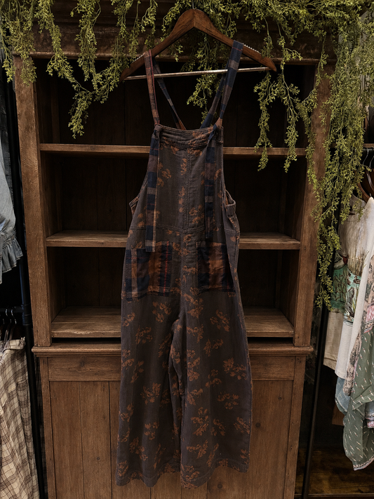 Harvest Bloom – Plaid Patch Brown Overalls
