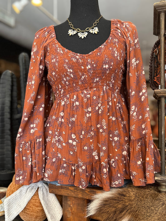 Faded Florals – Rust Bell Sleeve Top