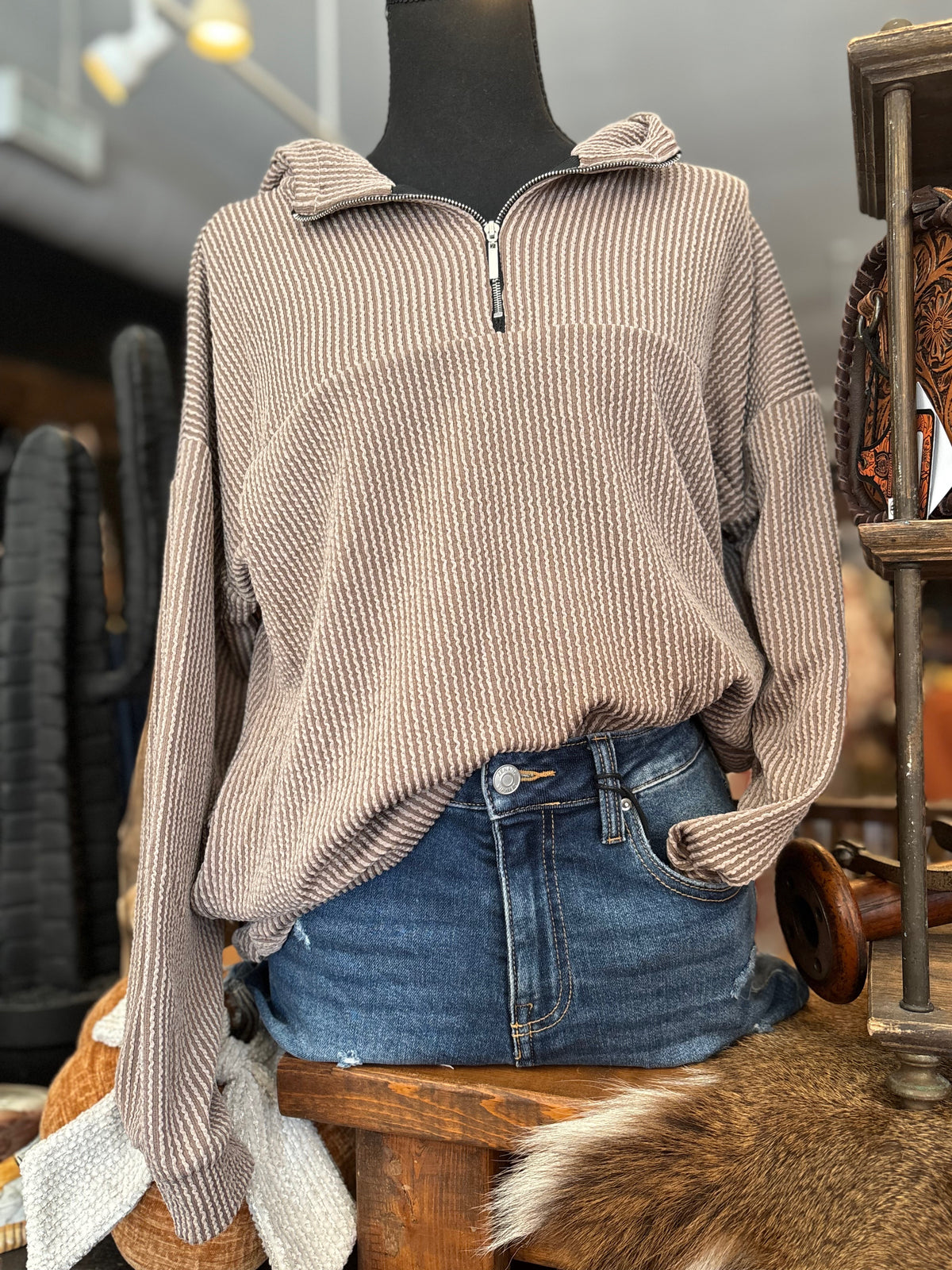 Cozy Fall Nights – Brown Ribbed Half-Zip Hoodie