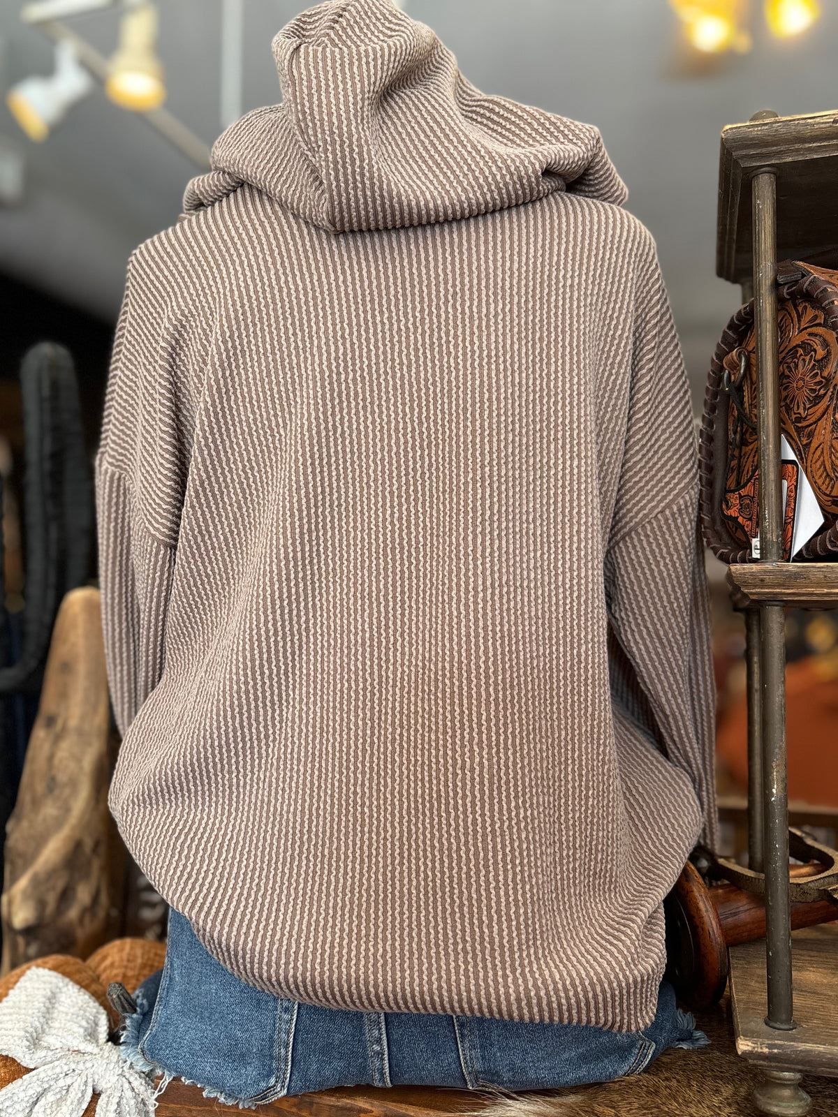 Cozy Fall Nights – Brown Ribbed Half-Zip Hoodie