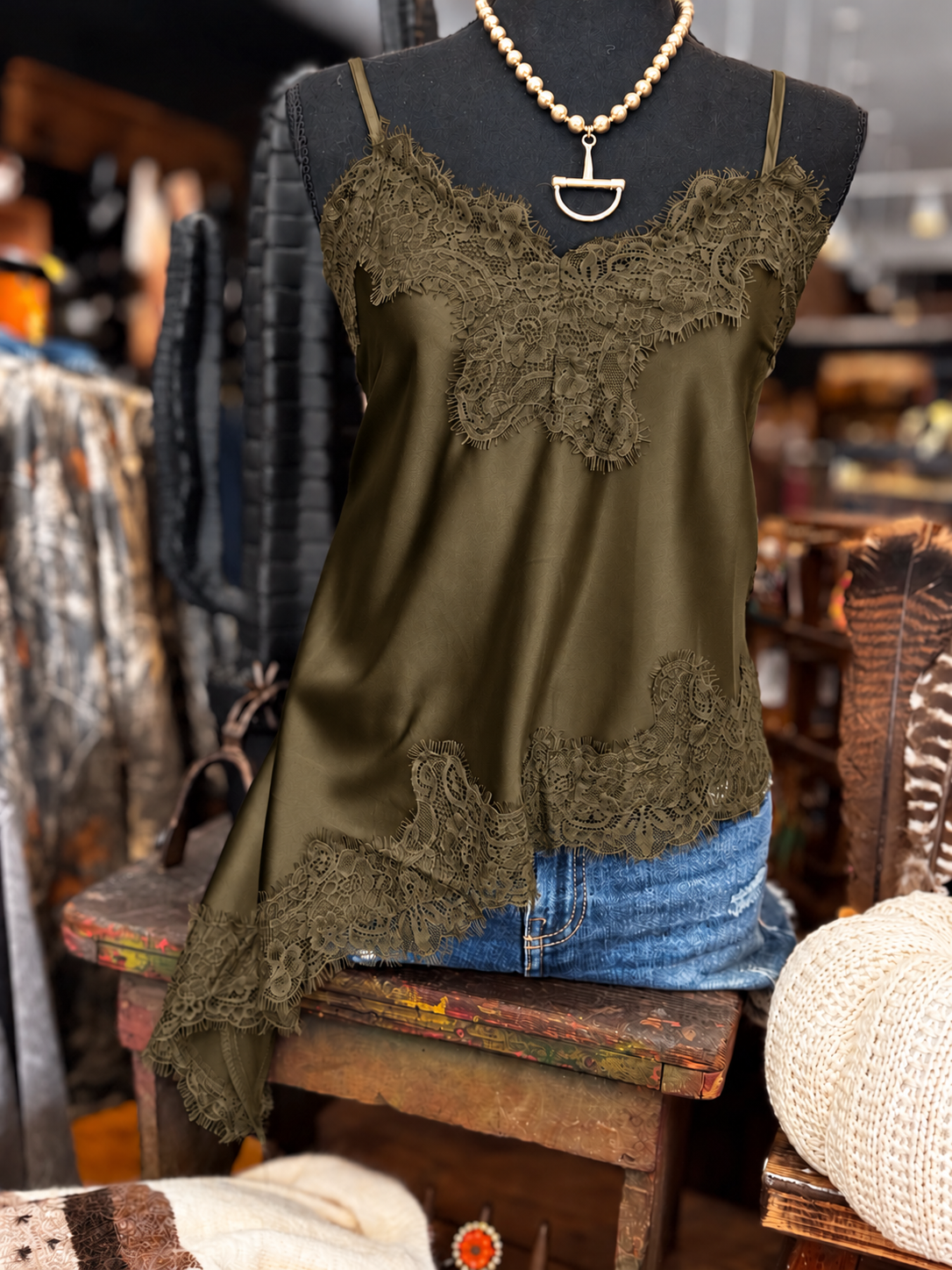 Olive Whisper – Satin Lace Cami
