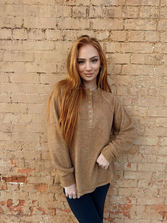 Oversized Henley Sweater - Deep Camel *Door Buster*